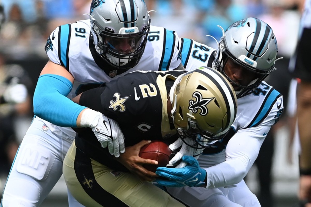 Carolina Panthers defensive end Morgan Fox (91) and linebacker Haason Reddick (43) sack Saints quarterback Jameis Winston (2). Mandatory Credit: Bob Donnan-USA TODAY 